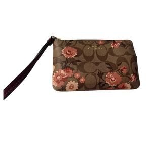 COACH Wristlet With Tan/Brown Coach Logo And Peach/Pink Flowers EUC
